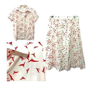 Vintage Skirt Set Cotton Blend Button Down Short Sleeve Blouse A-Line Skirt - L